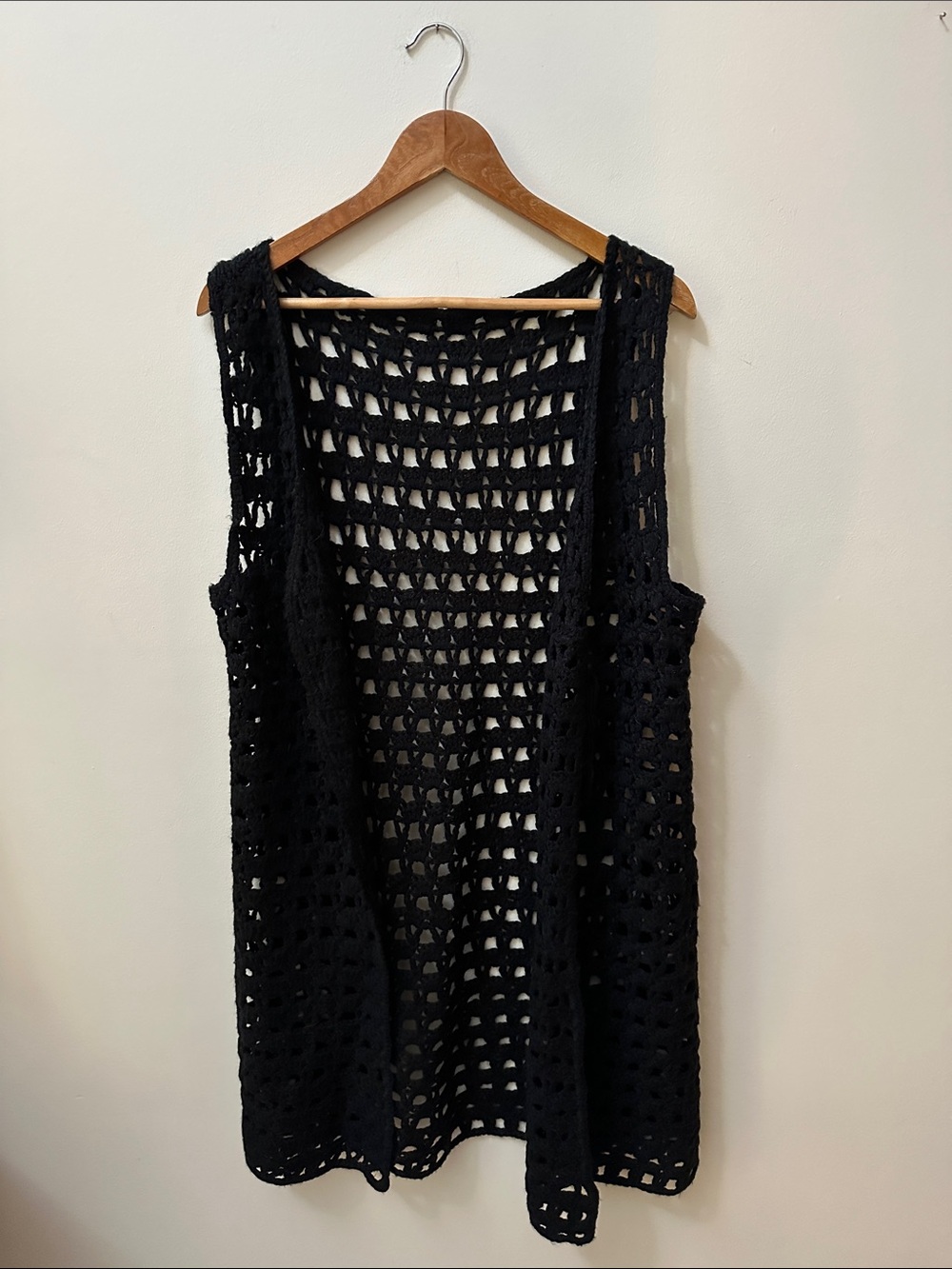 Hand Crafted Black Crochet Open Weave Long Vest - Picture 2 of 3